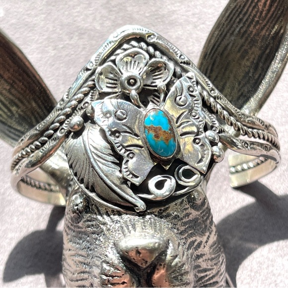 SOLD Jimmy F. Calabaza Signed Turquoise Sterling Silver Butterfly Kewa Bracelet - Picture 13 of 13